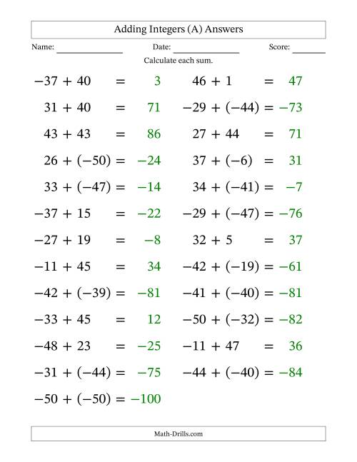 The Adding Mixed Integers from -50 to 50 (25 Questions; Large Print) (A) Math Worksheet Page 2