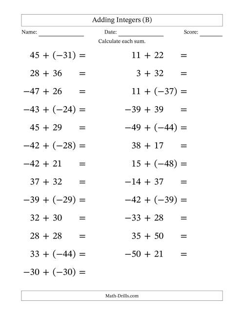 The Adding Mixed Integers from -50 to 50 (25 Questions; Large Print) (B) Math Worksheet