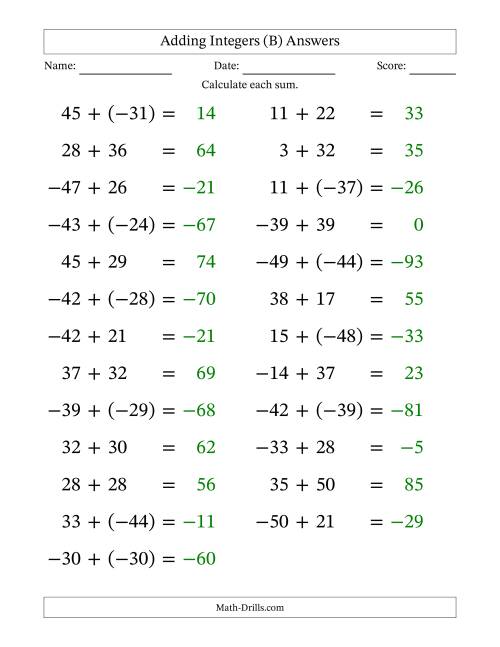 The Adding Mixed Integers from -50 to 50 (25 Questions; Large Print) (B) Math Worksheet Page 2