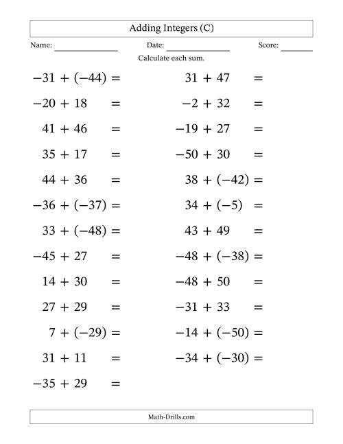 The Adding Mixed Integers from -50 to 50 (25 Questions; Large Print) (C) Math Worksheet