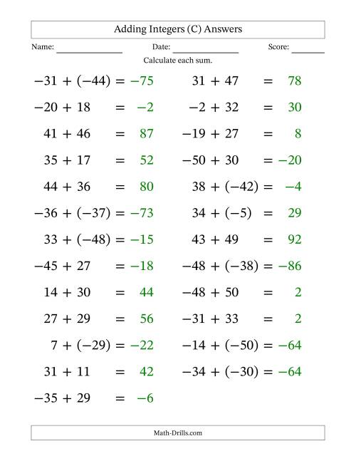 The Adding Mixed Integers from -50 to 50 (25 Questions; Large Print) (C) Math Worksheet Page 2