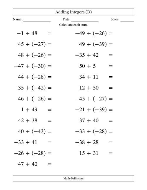 The Adding Mixed Integers from -50 to 50 (25 Questions; Large Print) (D) Math Worksheet