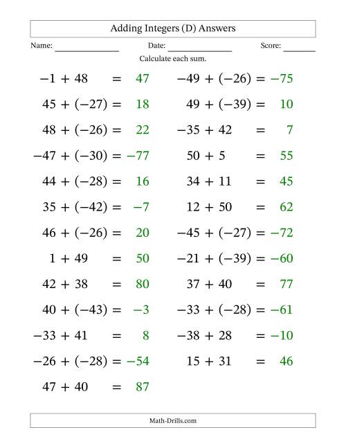 The Adding Mixed Integers from -50 to 50 (25 Questions; Large Print) (D) Math Worksheet Page 2