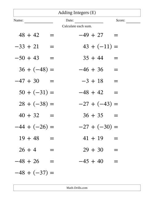 The Adding Mixed Integers from -50 to 50 (25 Questions; Large Print) (E) Math Worksheet