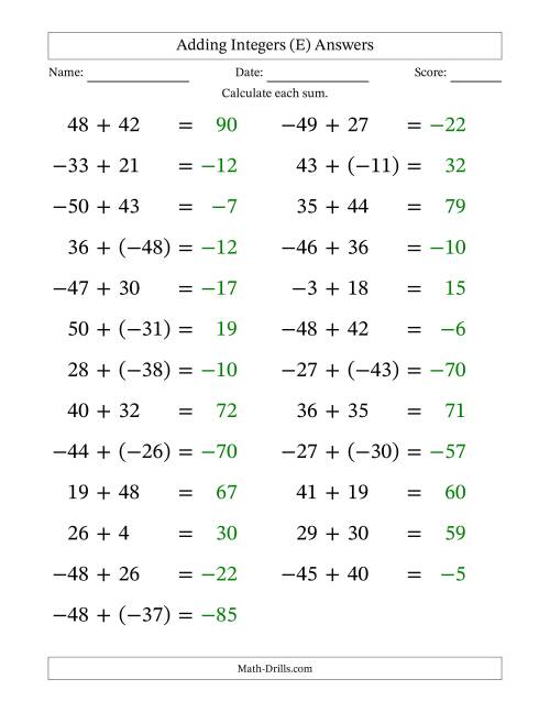 The Adding Mixed Integers from -50 to 50 (25 Questions; Large Print) (E) Math Worksheet Page 2