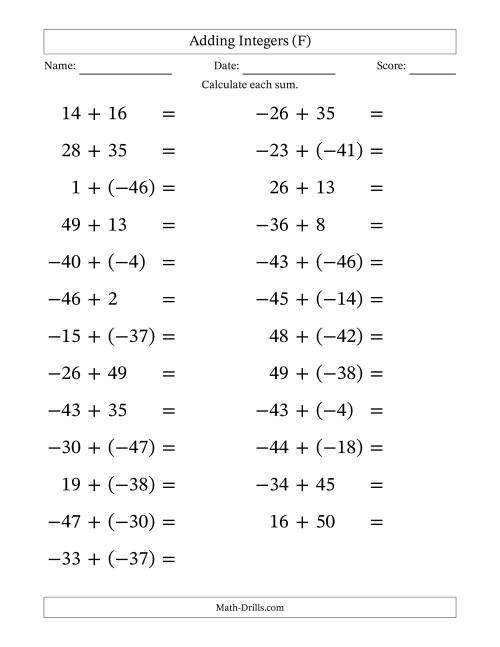 The Adding Mixed Integers from -50 to 50 (25 Questions; Large Print) (F) Math Worksheet