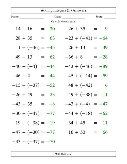 The Adding Mixed Integers from -50 to 50 (25 Questions; Large Print) (F) Math Worksheet Page 2
