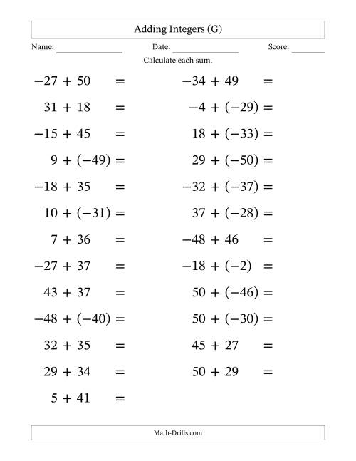 The Adding Mixed Integers from -50 to 50 (25 Questions; Large Print) (G) Math Worksheet