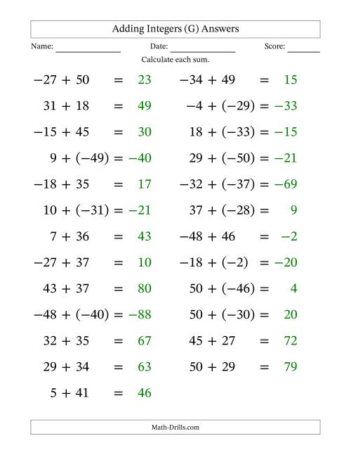 The Adding Mixed Integers from -50 to 50 (25 Questions; Large Print) (G) Math Worksheet Page 2