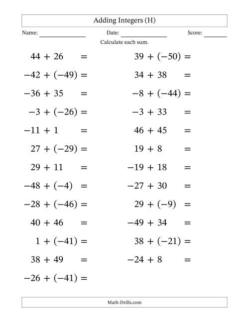 The Adding Mixed Integers from -50 to 50 (25 Questions; Large Print) (H) Math Worksheet