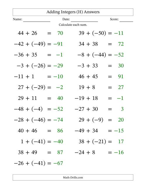 The Adding Mixed Integers from -50 to 50 (25 Questions; Large Print) (H) Math Worksheet Page 2