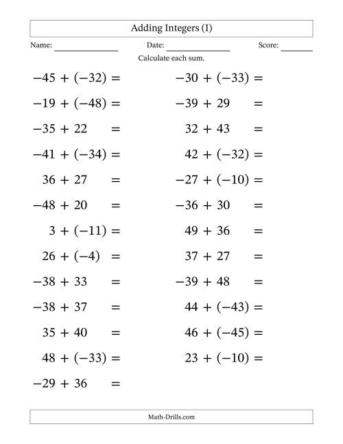 The Adding Mixed Integers from -50 to 50 (25 Questions; Large Print) (I) Math Worksheet