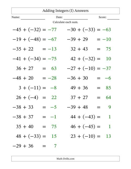 The Adding Mixed Integers from -50 to 50 (25 Questions; Large Print) (I) Math Worksheet Page 2