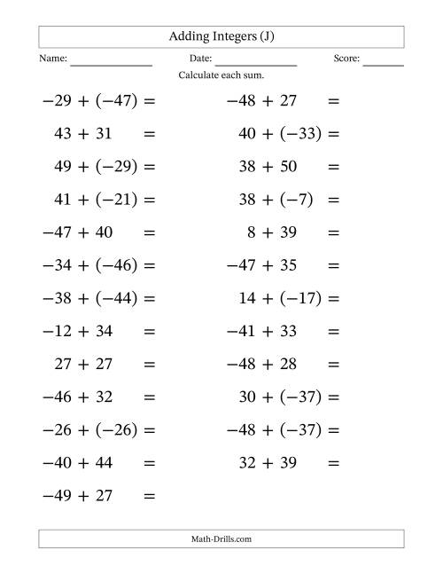The Adding Mixed Integers from -50 to 50 (25 Questions; Large Print) (J) Math Worksheet