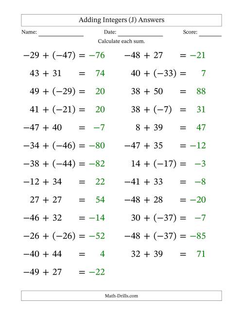 The Adding Mixed Integers from -50 to 50 (25 Questions; Large Print) (J) Math Worksheet Page 2