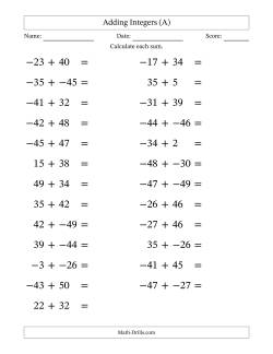 Adding Mixed Integers from -50 to 50 (25 Questions; Large Print; No Parentheses)