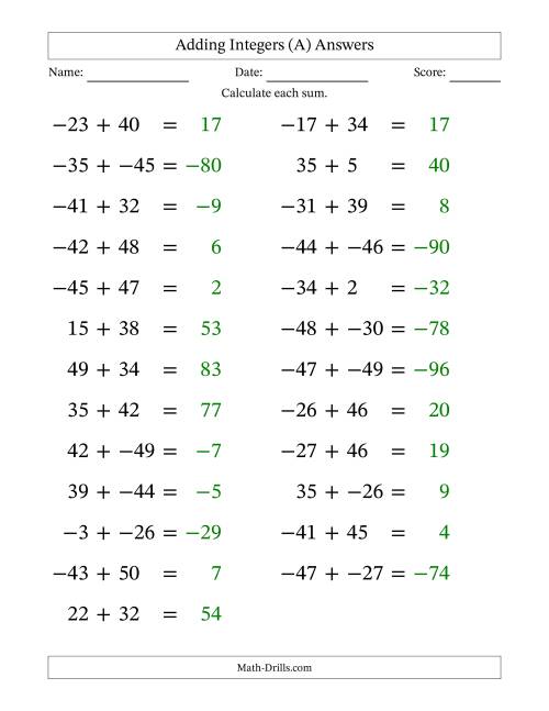 The Adding Mixed Integers from -50 to 50 (25 Questions; Large Print; No Parentheses) (A) Math Worksheet Page 2