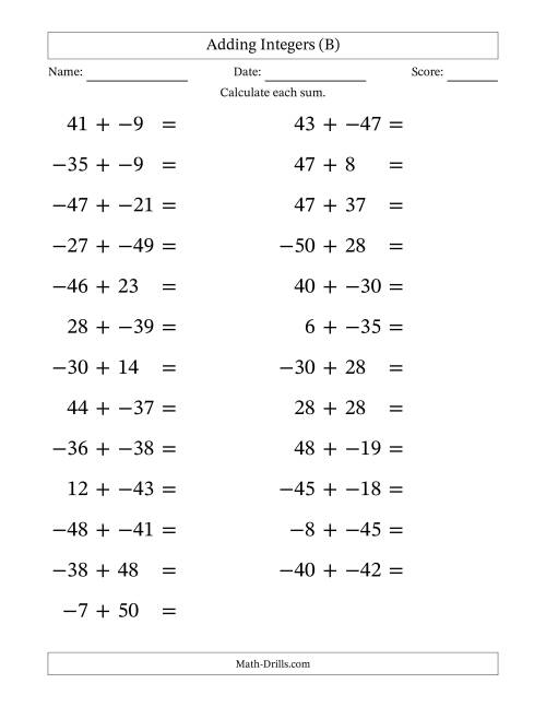 The Adding Mixed Integers from -50 to 50 (25 Questions; Large Print; No Parentheses) (B) Math Worksheet