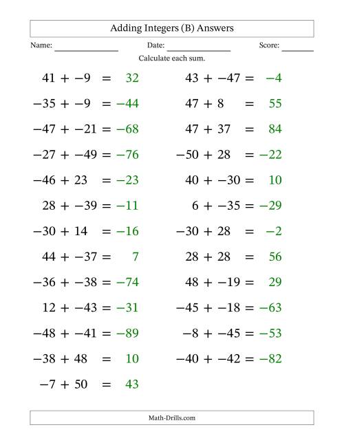 The Adding Mixed Integers from -50 to 50 (25 Questions; Large Print; No Parentheses) (B) Math Worksheet Page 2