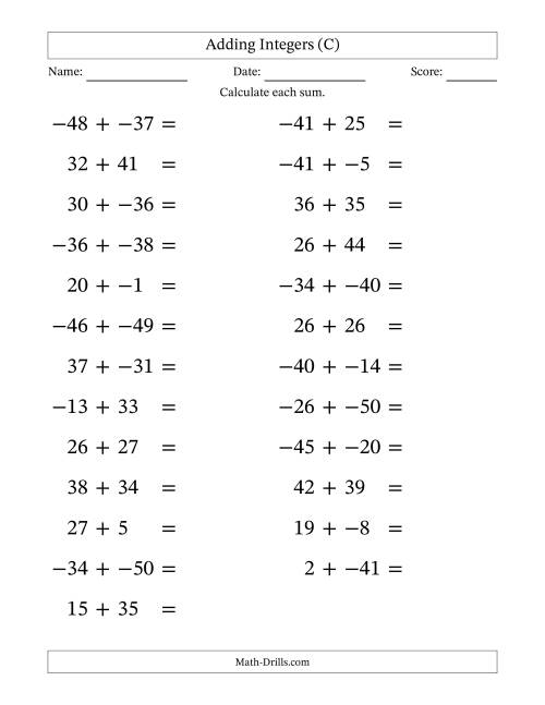 The Adding Mixed Integers from -50 to 50 (25 Questions; Large Print; No Parentheses) (C) Math Worksheet