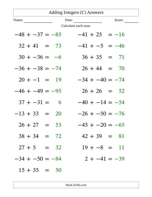 The Adding Mixed Integers from -50 to 50 (25 Questions; Large Print; No Parentheses) (C) Math Worksheet Page 2