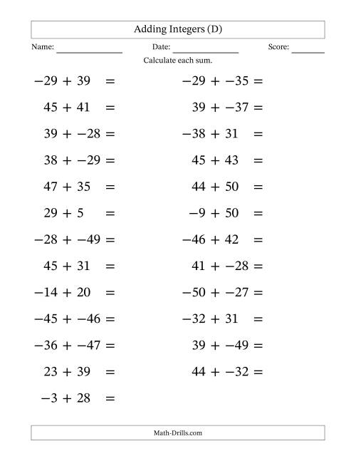 The Adding Mixed Integers from -50 to 50 (25 Questions; Large Print; No Parentheses) (D) Math Worksheet