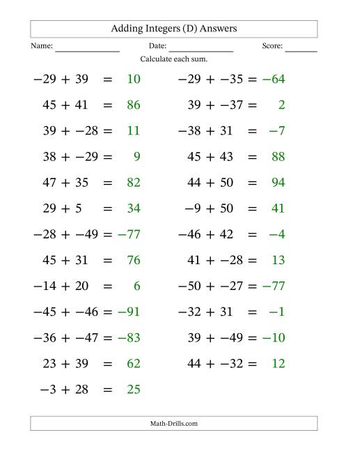 The Adding Mixed Integers from -50 to 50 (25 Questions; Large Print; No Parentheses) (D) Math Worksheet Page 2