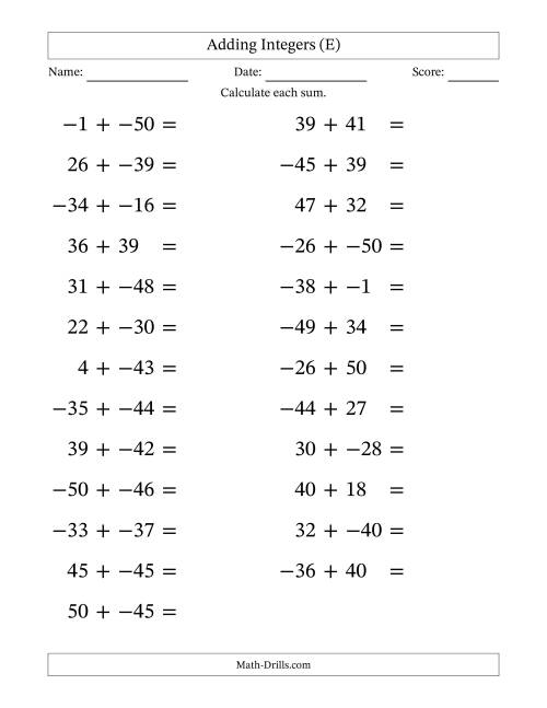 The Adding Mixed Integers from -50 to 50 (25 Questions; Large Print; No Parentheses) (E) Math Worksheet