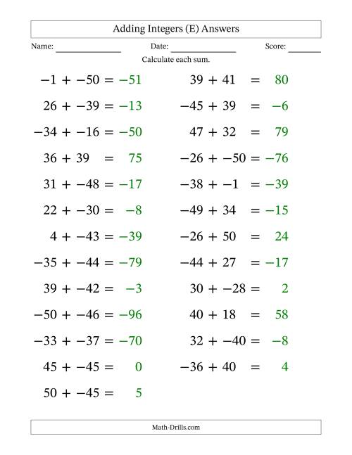 The Adding Mixed Integers from -50 to 50 (25 Questions; Large Print; No Parentheses) (E) Math Worksheet Page 2