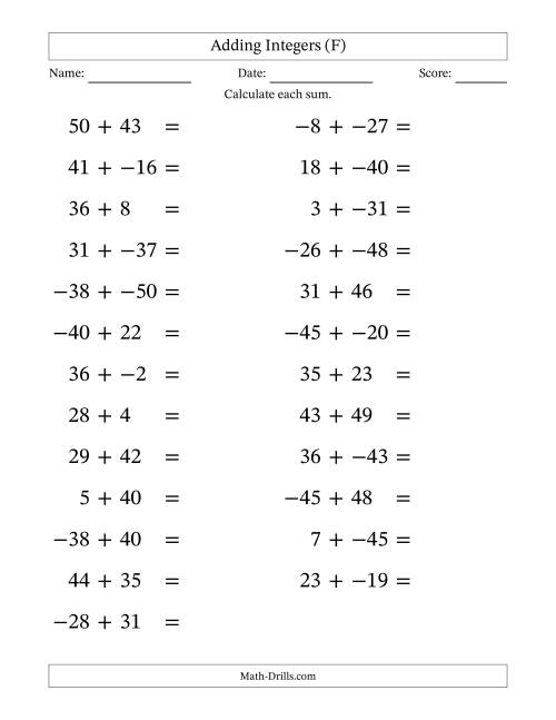 The Adding Mixed Integers from -50 to 50 (25 Questions; Large Print; No Parentheses) (F) Math Worksheet