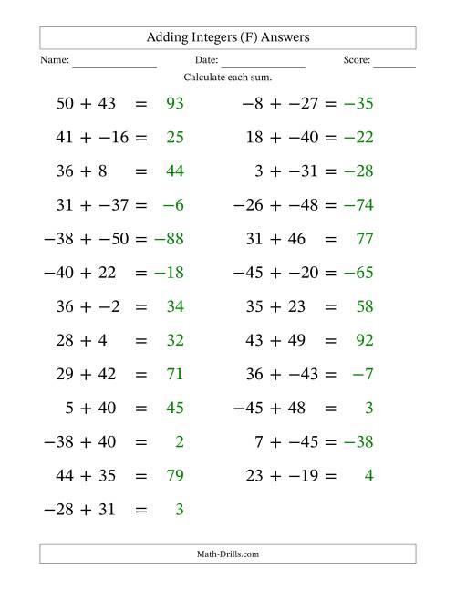 The Adding Mixed Integers from -50 to 50 (25 Questions; Large Print; No Parentheses) (F) Math Worksheet Page 2