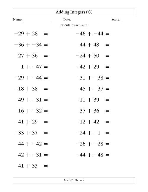 The Adding Mixed Integers from -50 to 50 (25 Questions; Large Print; No Parentheses) (G) Math Worksheet
