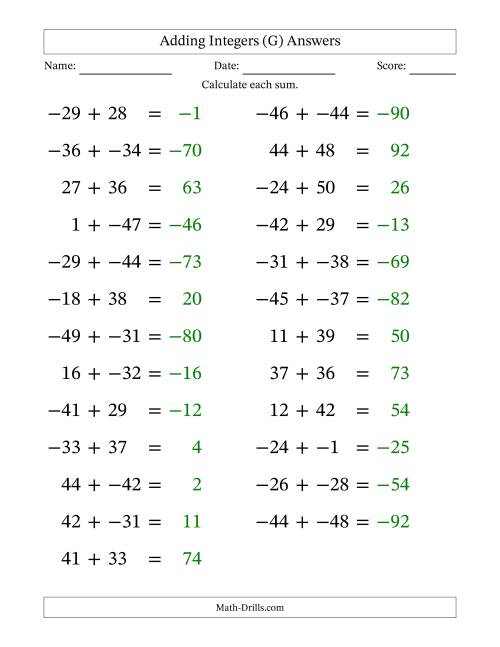 The Adding Mixed Integers from -50 to 50 (25 Questions; Large Print; No Parentheses) (G) Math Worksheet Page 2