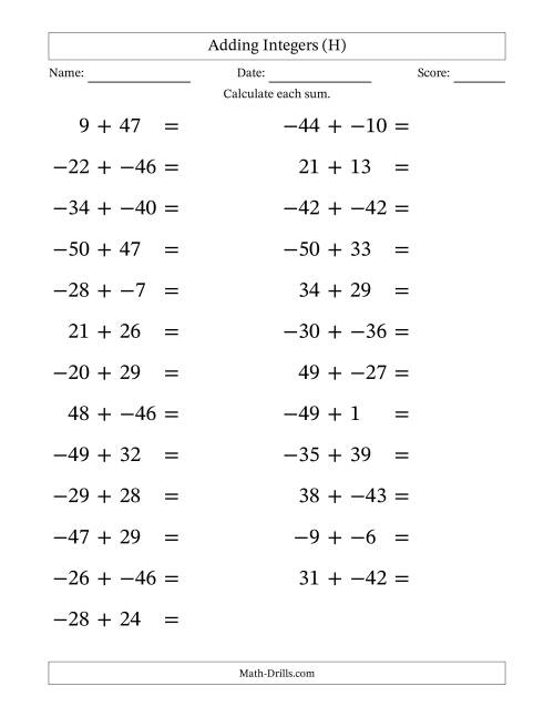 The Adding Mixed Integers from -50 to 50 (25 Questions; Large Print; No Parentheses) (H) Math Worksheet