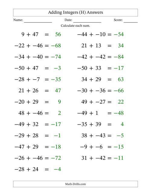 The Adding Mixed Integers from -50 to 50 (25 Questions; Large Print; No Parentheses) (H) Math Worksheet Page 2