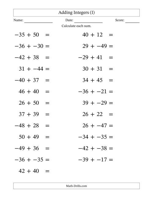 The Adding Mixed Integers from -50 to 50 (25 Questions; Large Print; No Parentheses) (I) Math Worksheet
