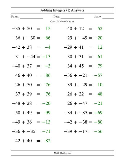 The Adding Mixed Integers from -50 to 50 (25 Questions; Large Print; No Parentheses) (I) Math Worksheet Page 2