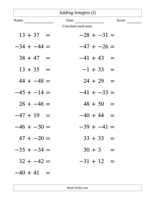 The Adding Mixed Integers from -50 to 50 (25 Questions; Large Print; No Parentheses) (J) Math Worksheet