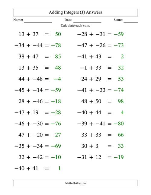 The Adding Mixed Integers from -50 to 50 (25 Questions; Large Print; No Parentheses) (J) Math Worksheet Page 2
