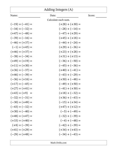 The Adding Mixed Integers from -50 to 50 (50 Questions; All Parentheses) (A) Math Worksheet