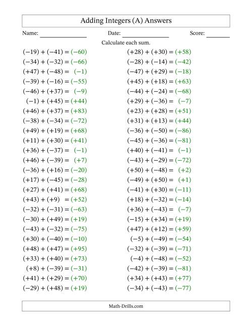 The Adding Mixed Integers from -50 to 50 (50 Questions; All Parentheses) (A) Math Worksheet Page 2
