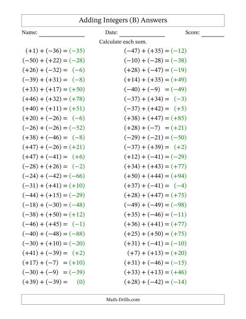 The Adding Mixed Integers from -50 to 50 (50 Questions; All Parentheses) (B) Math Worksheet Page 2
