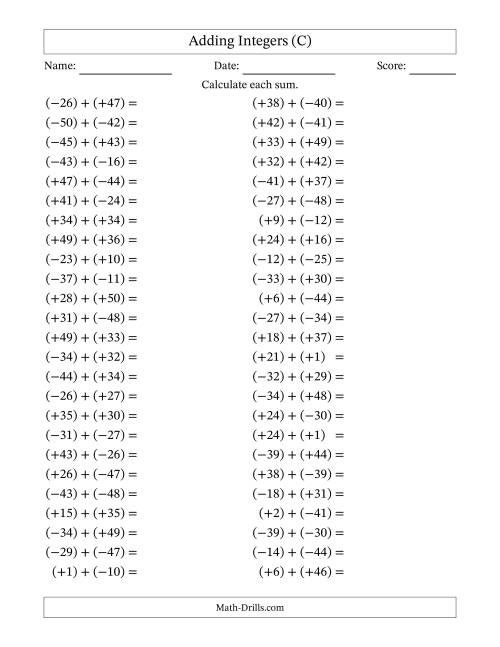 The Adding Mixed Integers from -50 to 50 (50 Questions; All Parentheses) (C) Math Worksheet