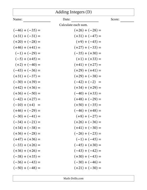 The Adding Mixed Integers from -50 to 50 (50 Questions; All Parentheses) (D) Math Worksheet