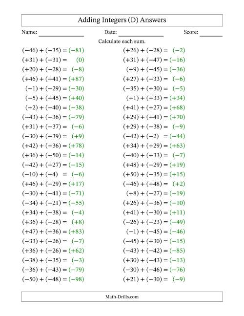 The Adding Mixed Integers from -50 to 50 (50 Questions; All Parentheses) (D) Math Worksheet Page 2
