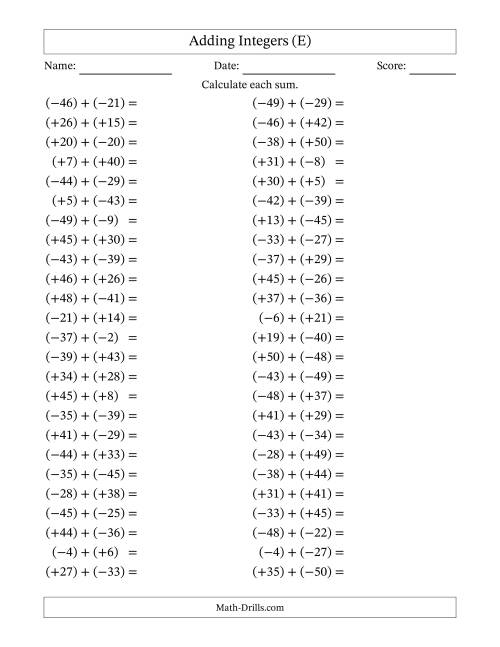 The Adding Mixed Integers from -50 to 50 (50 Questions; All Parentheses) (E) Math Worksheet