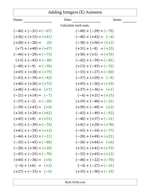The Adding Mixed Integers from -50 to 50 (50 Questions; All Parentheses) (E) Math Worksheet Page 2