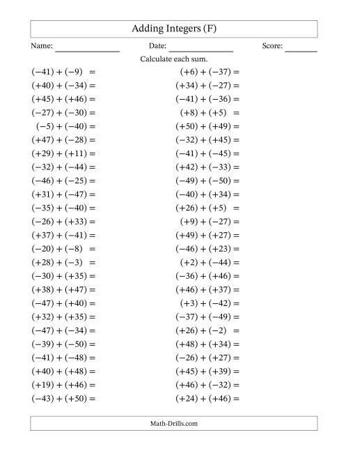 The Adding Mixed Integers from -50 to 50 (50 Questions; All Parentheses) (F) Math Worksheet