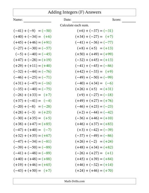 The Adding Mixed Integers from -50 to 50 (50 Questions; All Parentheses) (F) Math Worksheet Page 2