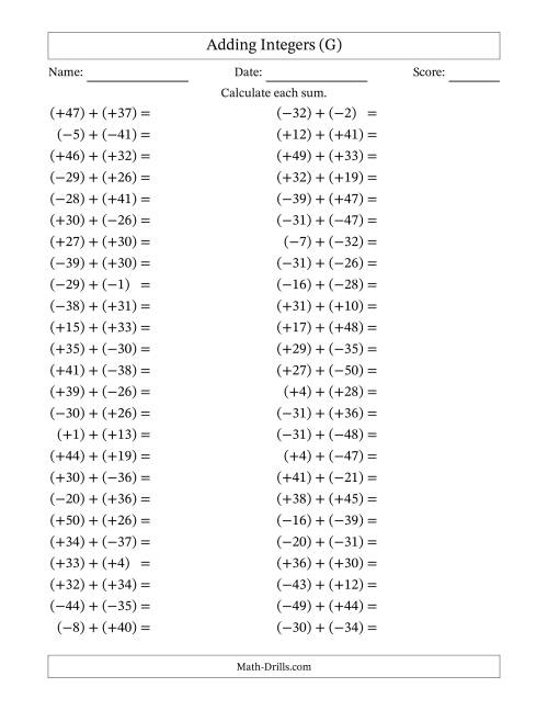 The Adding Mixed Integers from -50 to 50 (50 Questions; All Parentheses) (G) Math Worksheet